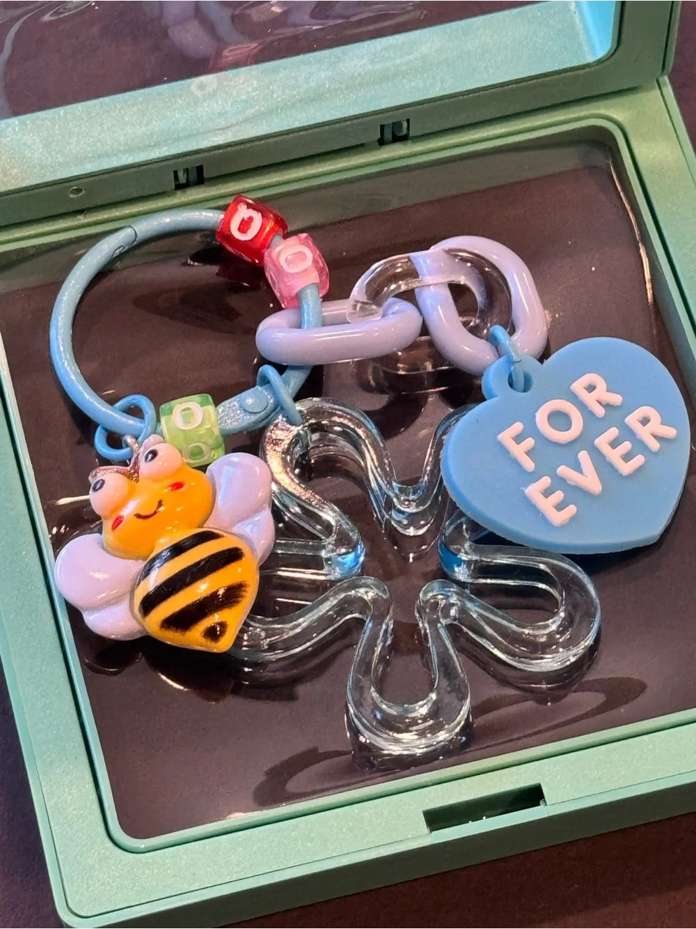 NWT Bee Heart Charm Keychain Blue Beaded Bag Clip in Shadow Box